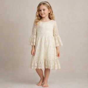 Rare Editions Boho Lace Dress Girls 4-6 Ivory Ruffle Bells Sleeve Prairie Formal